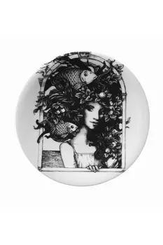 

8.2 Inch White Black Illustrated Porcelain Plate Pizza Dessert Steak Dinner Kutahya Porcelain Decorative Food Tray- woman series
