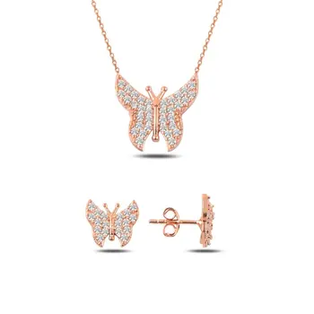 

Angemiel 925 Silver Zircon Stone Butterfly Set - Rose Gold Plated