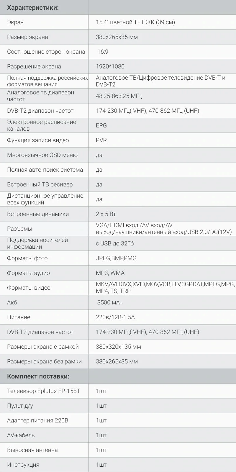ТВ с цифровым тюнером DVB-T2 15,4 “Eplutus EP-158T цифровое и Аналоговое ТВ на стене и в автомобиле