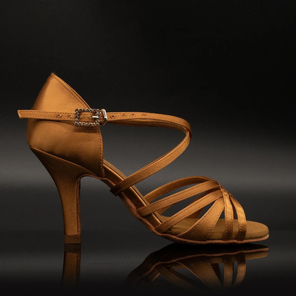 

Suphini【Deborah】Deep Tan Satin 5 Strap 8cm Slim Heel Dance Sandals