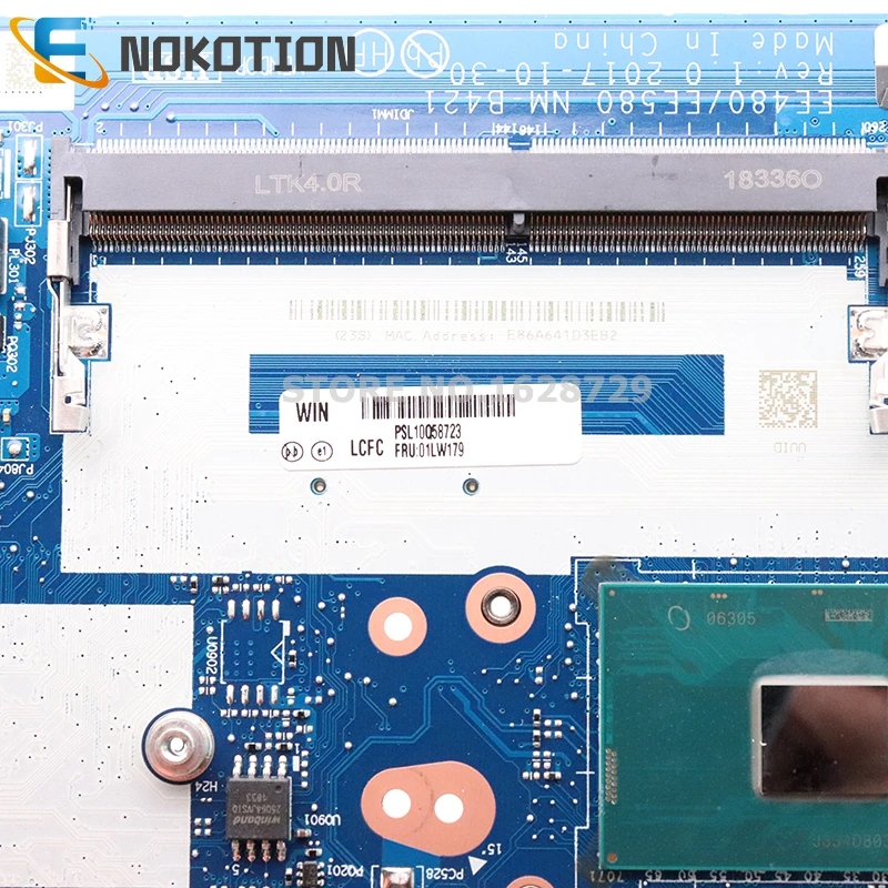 remarkable  NOKOTION 01LW192 EE480 EE580 NM-B421 For Lenovo ThinkPad E480 E580 laptop motherboard SR3LA I5-8520