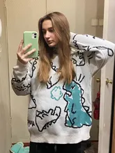 Suéter de moda Harajuku para hombre, ropa informal estilo Hip Hop, jersey de dibujos animados de dinosaurios, cuello redondo, suéteres de pareja informales de gran tamaño