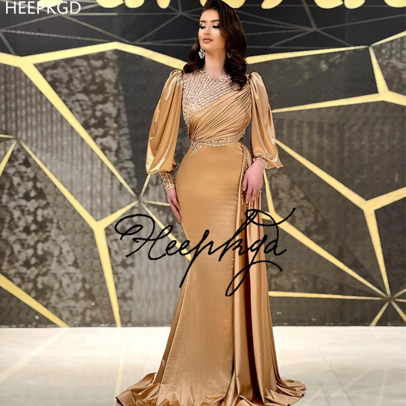 black formal dresses Champagne Mermaid Long Sleeves Arabic Evening Dress Silver Crystals Beading Formal Party Gowns For Prom Custom Made green evening gown