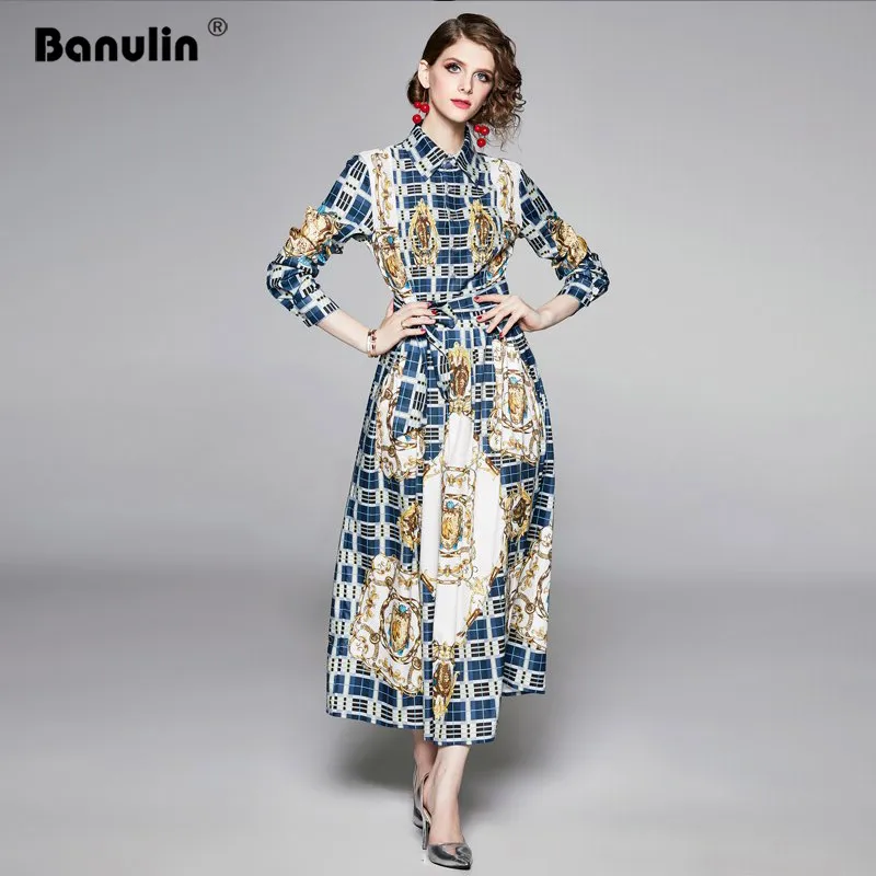 

2019 New Runway Autumn Vintage Printed Dresses Women's Long Sleeve Turn Down Collar Long Dress Elegant Shirt Dress Vestidos robe