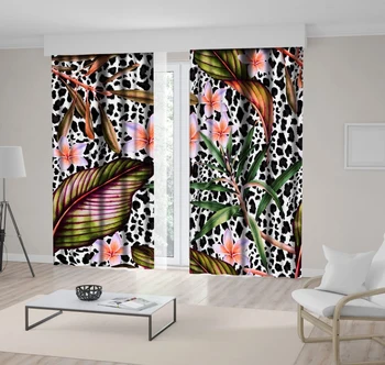 

Curtain Tropical Flowers Leaves Plants on Animal Print Background Stylish Floral Artwork Black White Green Orange