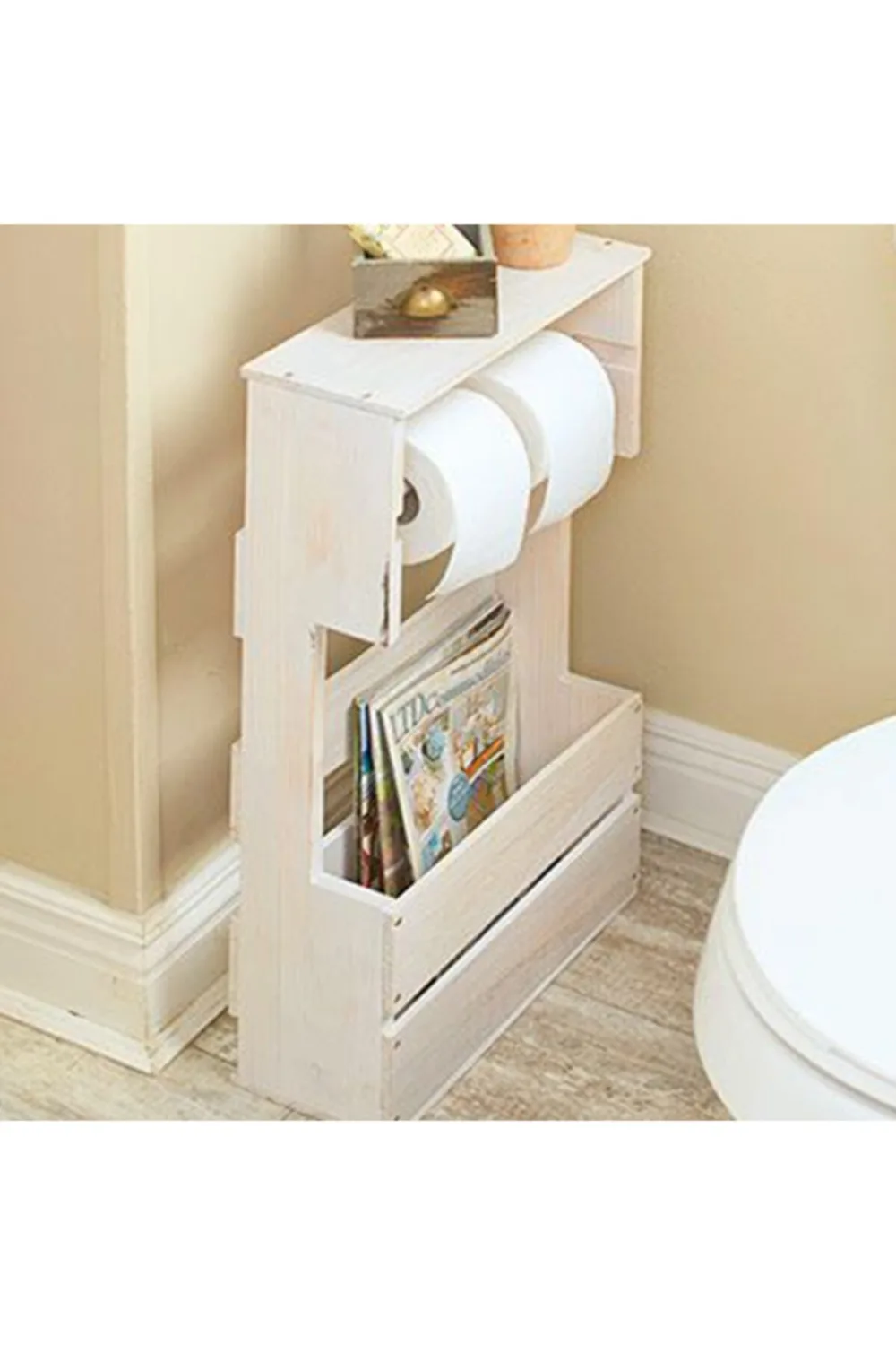 Sese Concept White Wooden Magazine Holder and Toilet Paper Holder Tissue Paper Holder Roll Holder With Magazine Storage Shelf