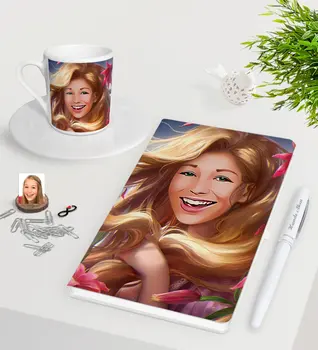 

Personalized Women 'S Abstract Caricature Of White Notebook Pen Turkish Coffee Cup Seti-7