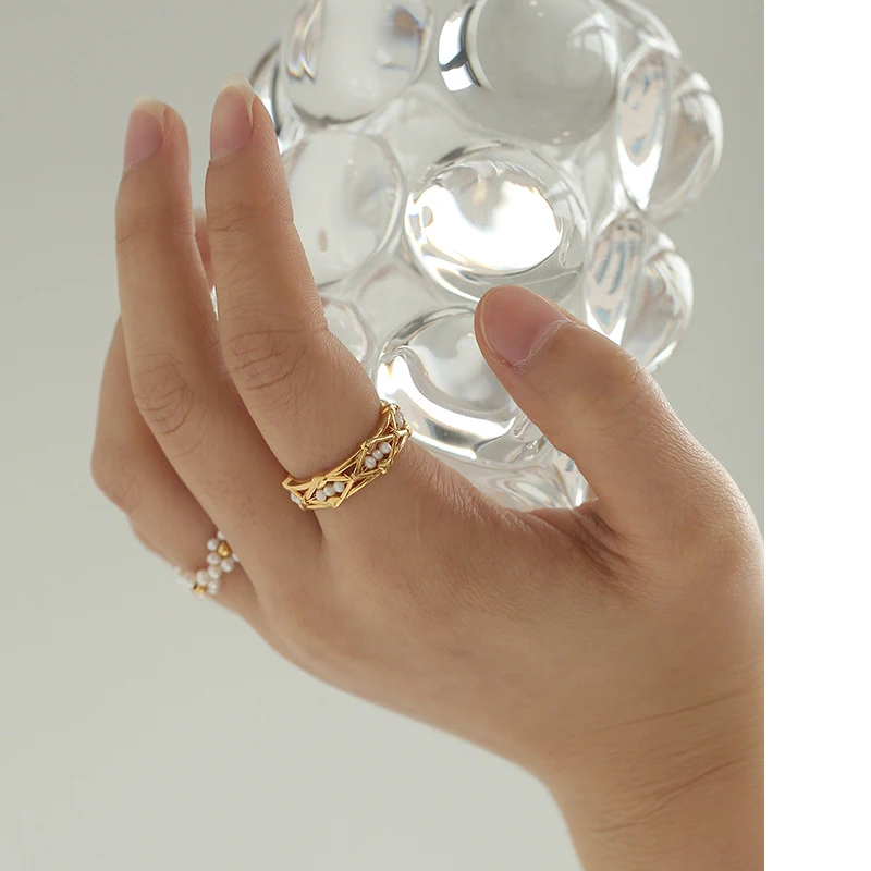 Vintage Baroque Open Hollow Braided Stackable Rings for Women Real Freshwater Pearls Finger Ring Female Hand Jewelry Gift Party