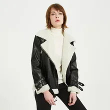 Autumn Winter Coat Women Pu Faux Soft Leather Black White Sheepskin Fur Jacket Female Aviator Outwear