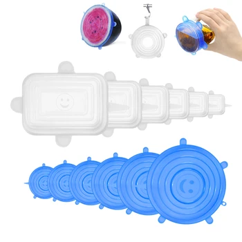 

6PCS Reusable Silicone Lids for Food Adaptable Silicone Caps for Cookware Square Silicone Stretch Cover Vacuum Food Packaging