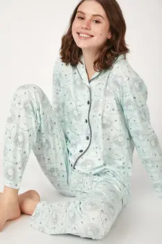 

Happiness ist. Women's Pattern Bottom Top Knitted Pajamas Set