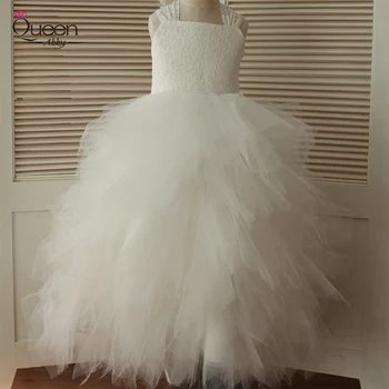 

Ball Gown Lovely Flower Girl Dress 2020 White Halter Cascading Ruffle Lace Tulle Dress with Big Bow Crossed Straps Dress