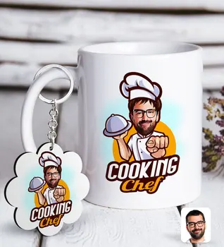 

Personalized Men 'S Chef Caricature Of White mug And Keychain Gift Seti-15
