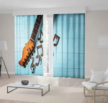 

Curtain Guitar Neck And Music Notes Clef on Blue Color Wooden Wall Artistic Photo Printed