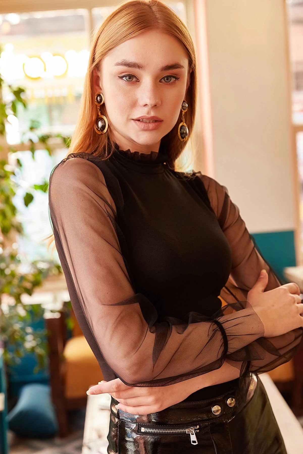 Blusa de BLZ 19000661 mango y cuello negro para mujer Ola|Blusas y camisas| -