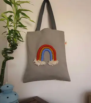 

Handmade Embroidery travel shoulder bag market shopping Women Handbag rainbow Embroidered