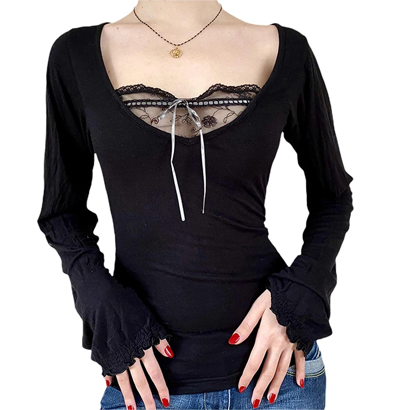 Korean Cute Y2K Retro Cotton Tops Lace Patchwork Buttons Kawaii Tshirts Autumn Square Collar Chic Casual Shirts