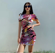 

Summer ladies 3D printed polyester fiber large size short-sleeved simple flower dress sexy coquettish soft close-fitting