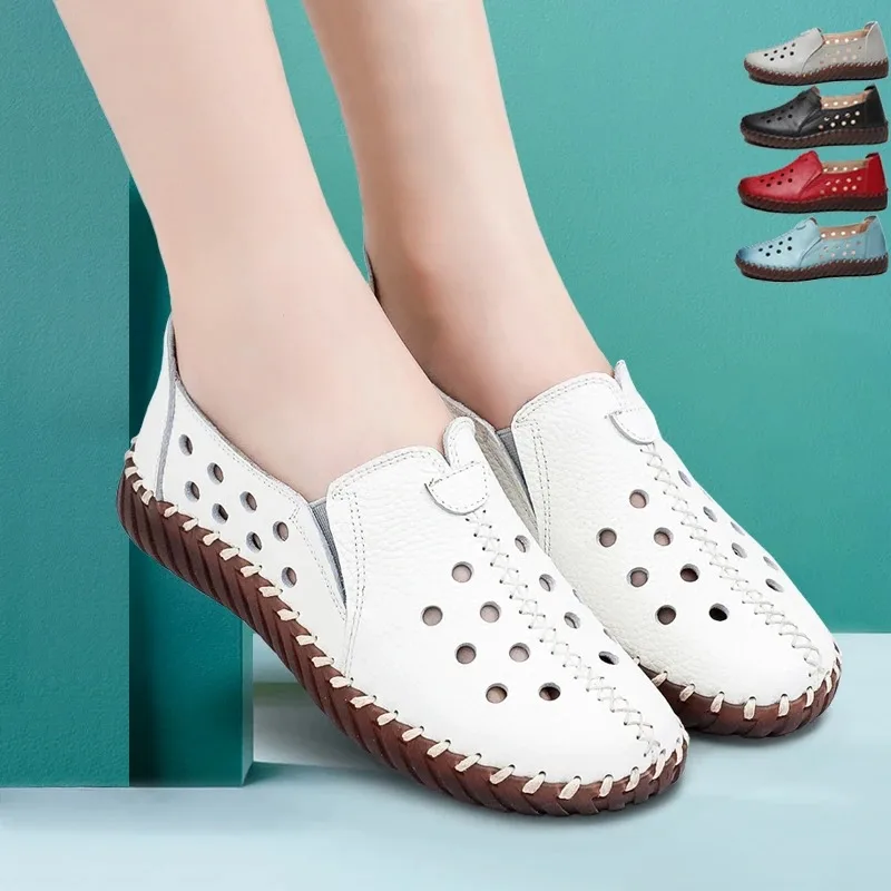 

White Autumn Summer Shoes For Women Genuine Leather Ballet Flats Moccasins Women's Breathable Flat Loafers Woman Wide Feet Shoes
