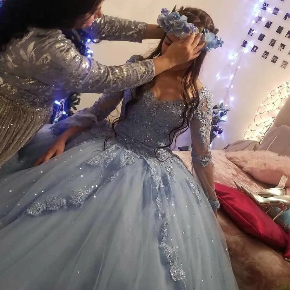 

Роскошные кружевные бальные платья Quinceanera 2021, бальное платье с аппликацией и V-образным вырезом, платья с длинным рукавом, женское платье, платья 16 цветов