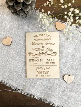 

Wooden wedding invitation, rustic wedding invites, real wood wedding invitations, laser engraved invitation, your choice of wood