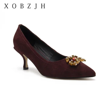 

XOBZJH Designer Office kitten Heels Shoes Women Luxury 2020 Low Heel Purple Suede Pumps Woman for Dress Party Wedding Bride Shoe