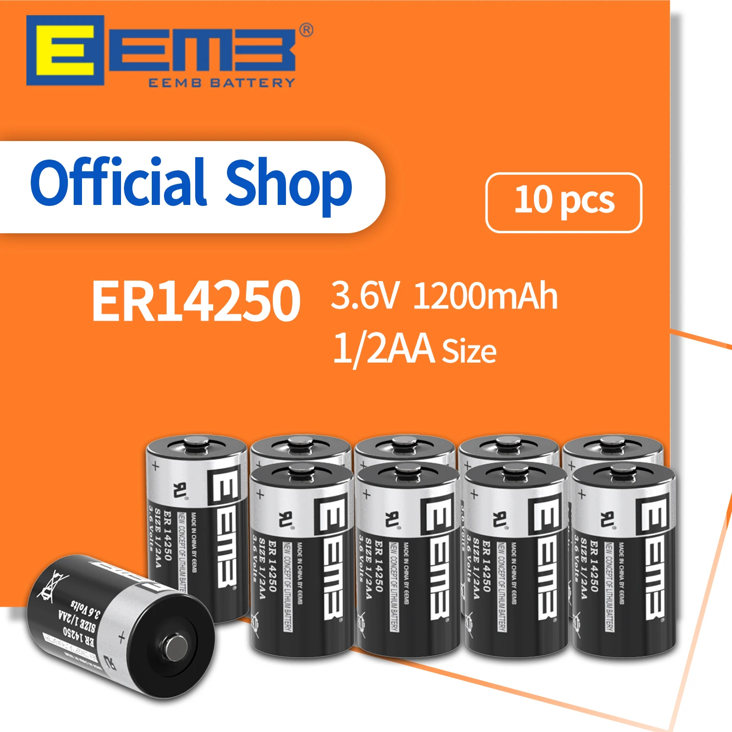 EEMB ER14250 battery 3.6V lithium battery 1/2 AA 1200mAh Li-SOCl2 non rechargeable LS14250 for sensor instruments (10PCS)