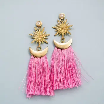 

Fancy star and crescent earrings with pink silk tassels (52495)