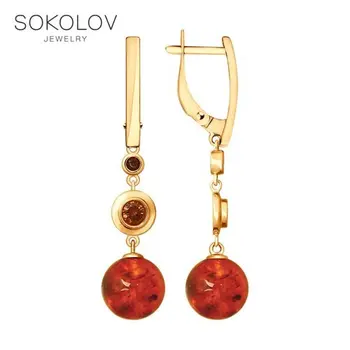 

SOKOLOV drop earrings with stones in gilded silver with amber natural and cubic zirconia fashion jewelry 925 women's/men's, male/female, long earrings, women's male