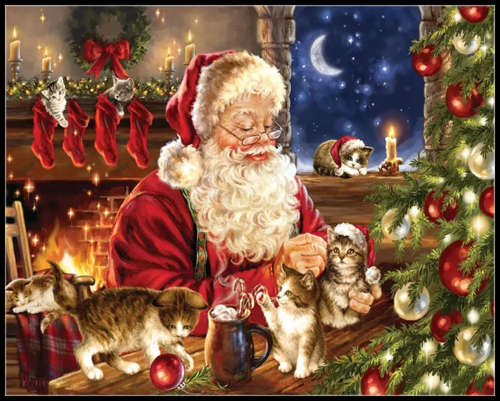 

Christmas Kittens - Counted Cross Stitch Kits - DIY Handmade Needlework For Embroidery 14 ct Cross Stitch Sets Color Santa