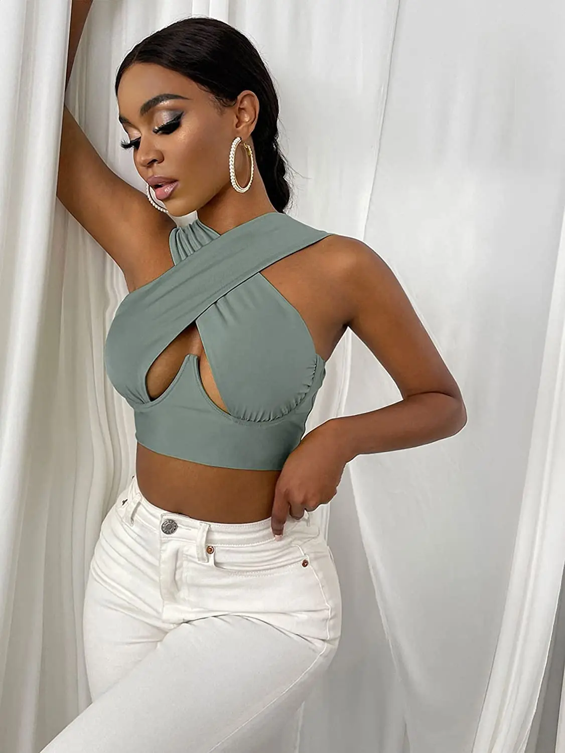 Women's Criss Cross Tank Tops Sexy Sleeveless Solid Color Cutout Front Crop Tops Party Club Streetwear Summer Lady Bustier Tops