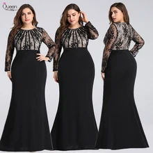 Новое Осеннее вечернее платье размера плюс с глубоким вырезом и длинными рукавами, кружевные Элегантные вечерние платья русалки