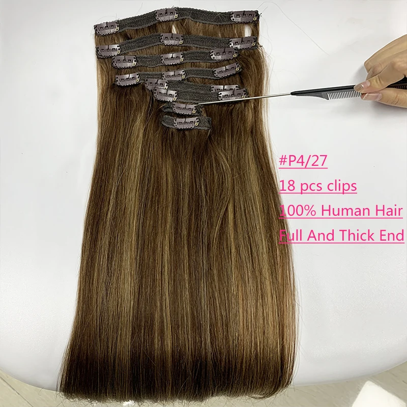 Hair Extensions P4/27 straight Clip In Human Hair Extensions 100g/set straight Clip In Full Head Brazilian Hair Extension for Women
