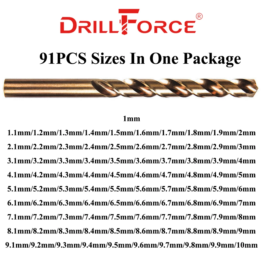 Drillforce 91PCS 1-10MM M42 8% kobalt vrtačka štípnutí sada, HSS-CO vrtačka sada, pro vrtání na kalené ocel, litého žehlička &stainless ocel