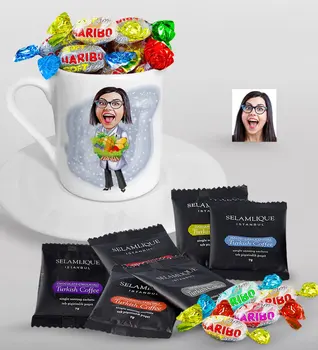 

Personalized Women 'S Dietician Caricature Of Turkish Coffee Cup Selamlique Mixed Turkish Coffee house And Haribo Candy Gift Seti-1