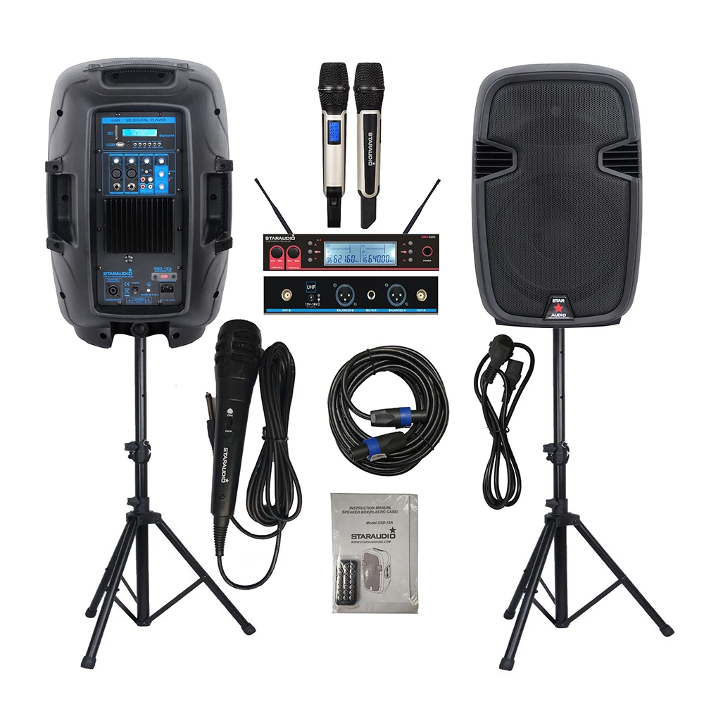 

STARAUDIO 2Pcs 12" 2000W PA Powered DJ Active Speakers System KTV Stands Wired Mic 2CH UHF Wireless Handheld Microphone SSD-12A