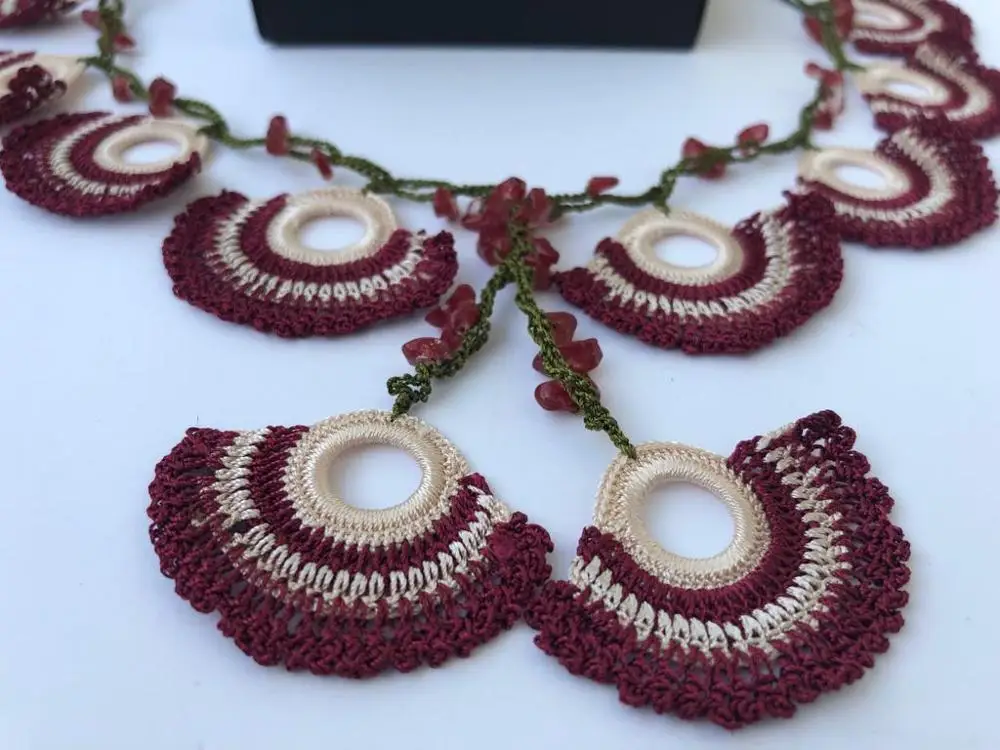 Collar y pendientes de ganchillo turco Oya, joyería Claret con piedras naturales, joyería Bohemia tejida a mano auténtica|Conjuntos joyería| - AliExpress