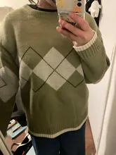 Jerséis de Argyle con patrón geométrico para mujer, suéteres tejidos de cuello redondo holgados de gran tamaño, estilo universitario coreano