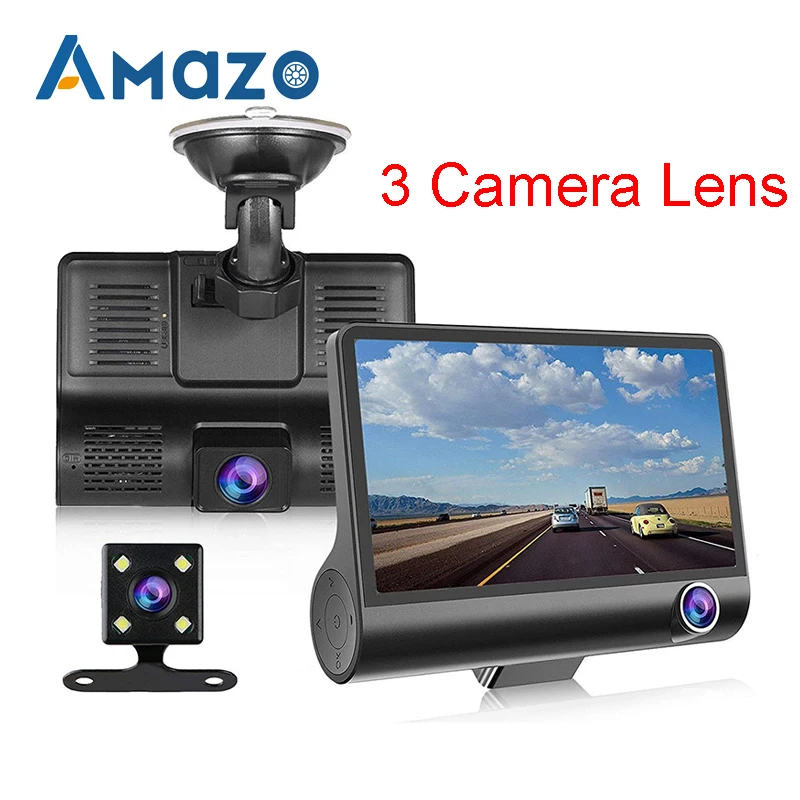 

4 Inch Car DVR Dash Rear View Camera Registrator 3 In 1 Cameras Loop Recording Night Vision G-Sensor Parking Monitor Wide Angle