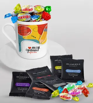 

Personalized Best Teacher Turkish coffee Cup Selamlique Mixed Turkish Coffee House and Haribo Candy Gift Seti-5