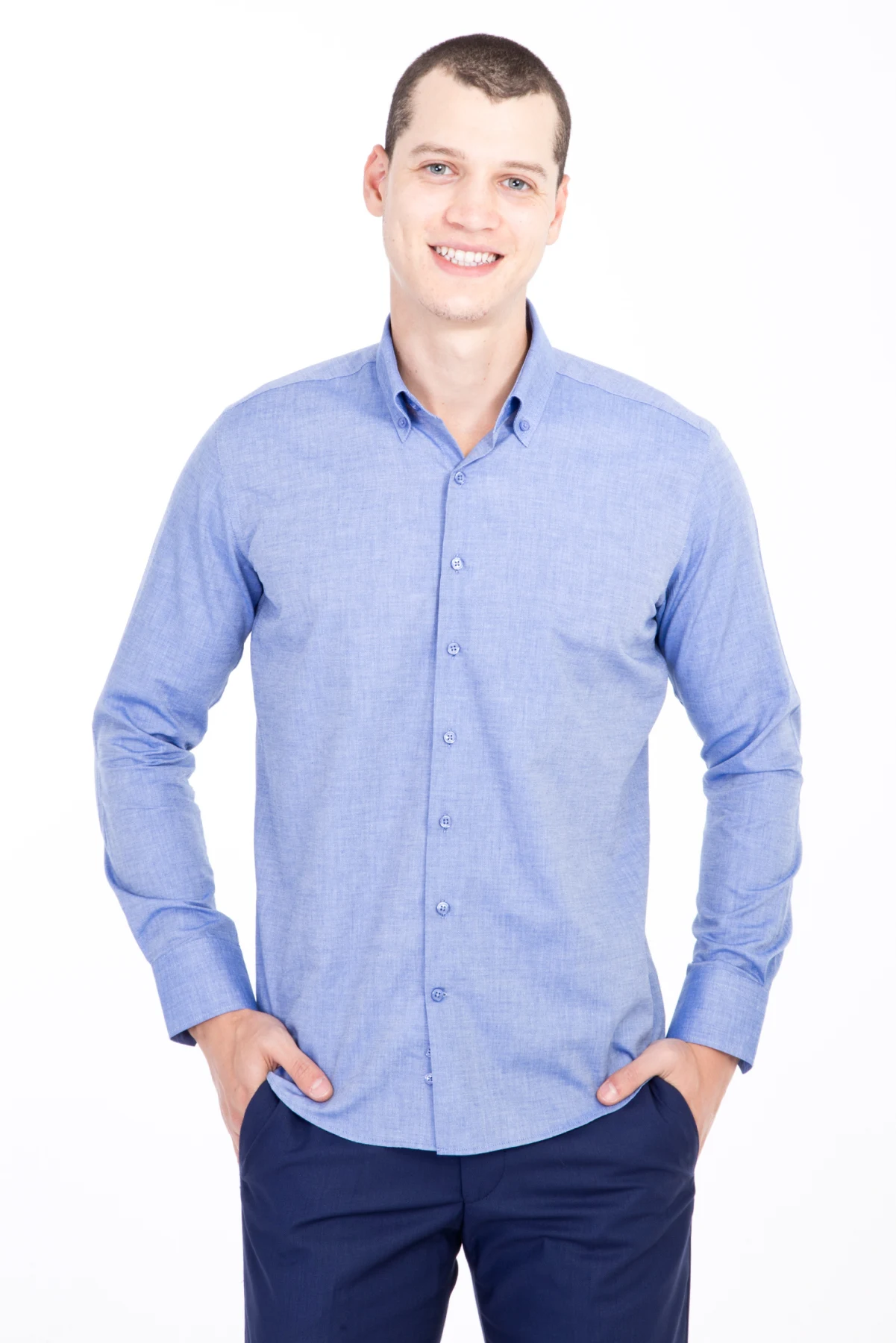 Kigili мужские рубашки с длинным рукавом, одноцветная оксфордская рубашка, Высококачественная Мужская Повседневная приталенная рубашка на пуговицах - Цвет: MAVI