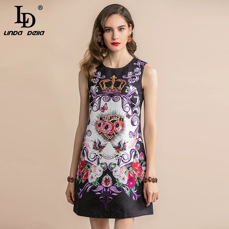 Женское Короткое платье без рукавов LD LINDA DELLA черное жаккардовое свободное