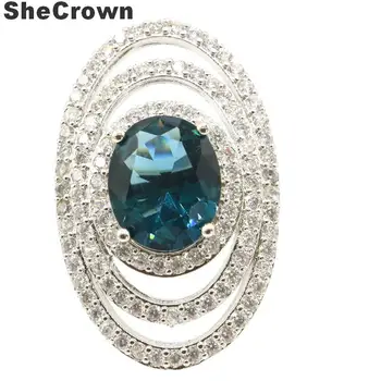 

31x20mm SheCrown Beautiful Created London Blue Topaz Natural CZ Ladies Sister Silver Rings