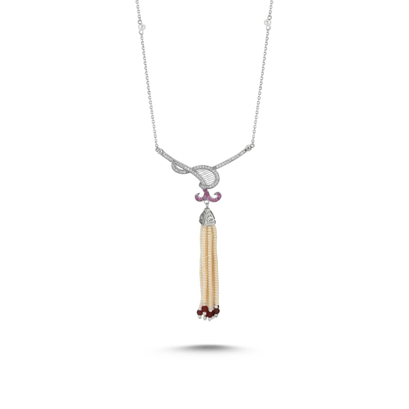 

Armagano Majorca Pearl and Stem Ruby Tassels Zircon Cubic Zirconia Necklace