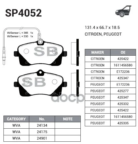 Колодки Тормозные Peugeot 407 04 Передние С Датчиком Sangsin Brake Sp4052 Sangsin brake арт. SP4052