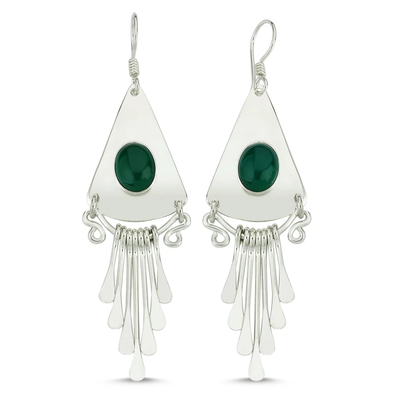 

Silver 925 Sterling Green Agate Gemstone Dangle Hand Handwork Earrings