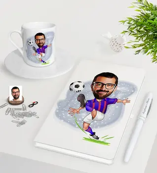 

Personalized Football Player Caricature Of White Notebook Pen Turkish Coffee Cup Seti-1