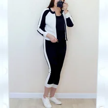 Tracksuits Women Cardigan Sweater Waist-Pants Spring Two-Piece-Sets Knitted White Fashion