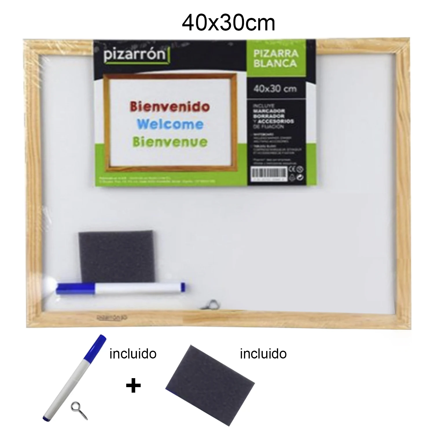 Set completo de pizarra blanca borde madera natural clásica personal o recordatorios y oficinas + borrador + rotulador 40 x 30cm