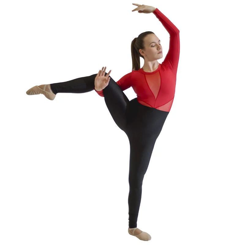 

Ladies Girls Long Sleeve Two Tone Dance Unitard Microfiber NylonLycra Mesh Long Bodysuit Performance Costume More Colors